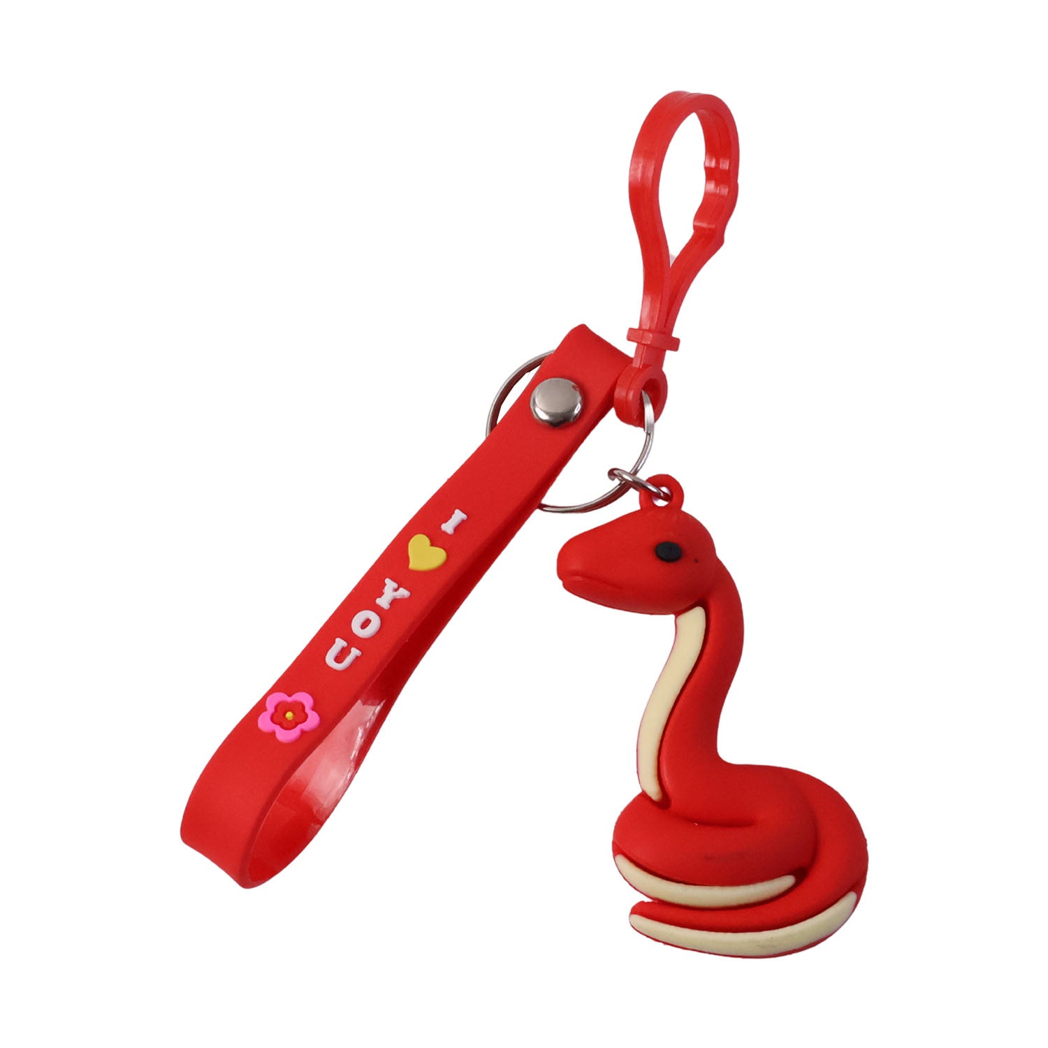 Cute cartoon snake keychain by Wukusy featuring a colorful, playful snake design on a silver keyring.