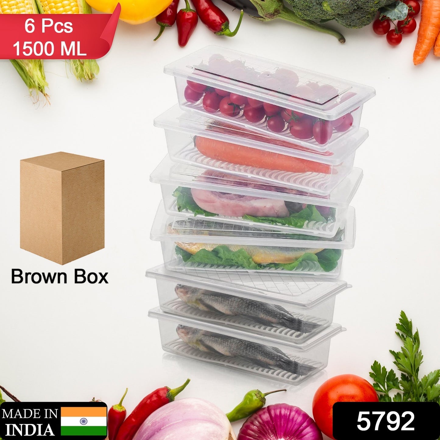 Set of six Wukusy freezer storage containers for vegetables and fruits, each 1500ml capacity, with transparent lids for easy identification.