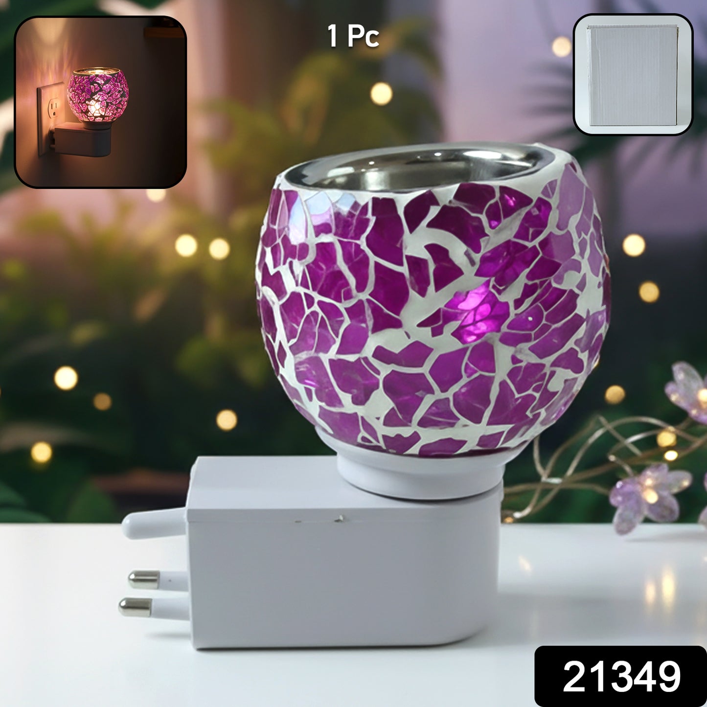 Wukusy premium plug-in mosaic glass aroma diffuser night lamp with colorful mosaic design and soft lighting.
