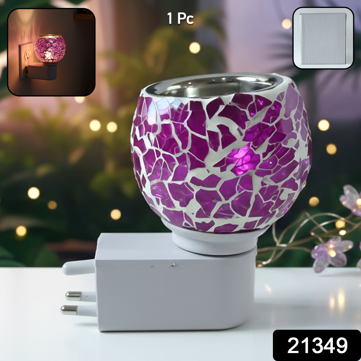Wukusy premium plug-in mosaic glass aroma diffuser night lamp with colorful mosaic design and soft lighting.