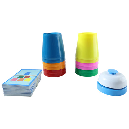Wukusy cup stacking battle challenge game set with colorful plastic cups and stacking accessories on a white background.