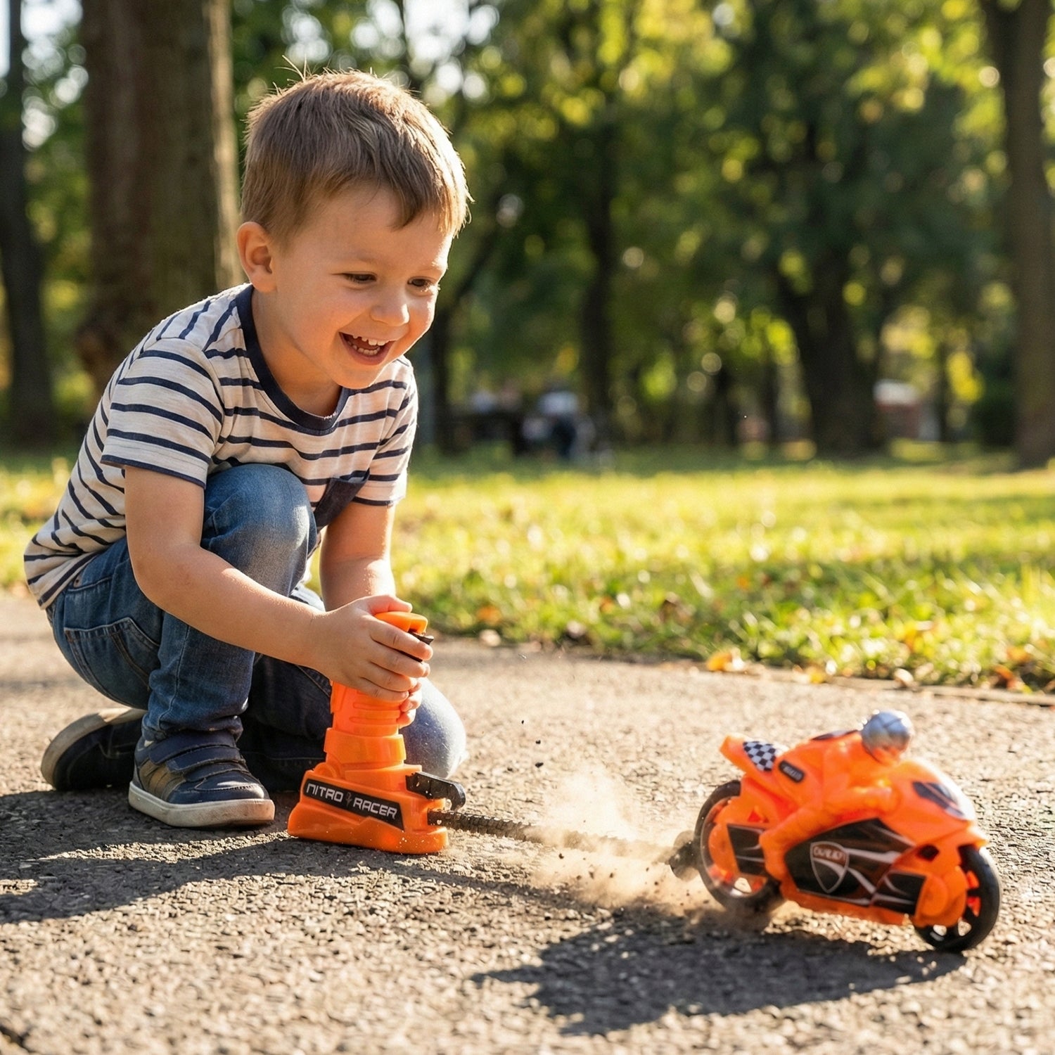 Wukusy launcher bike racing toy for kids with manual pull launcher, featuring colorful, small bike design for active play and fun races.