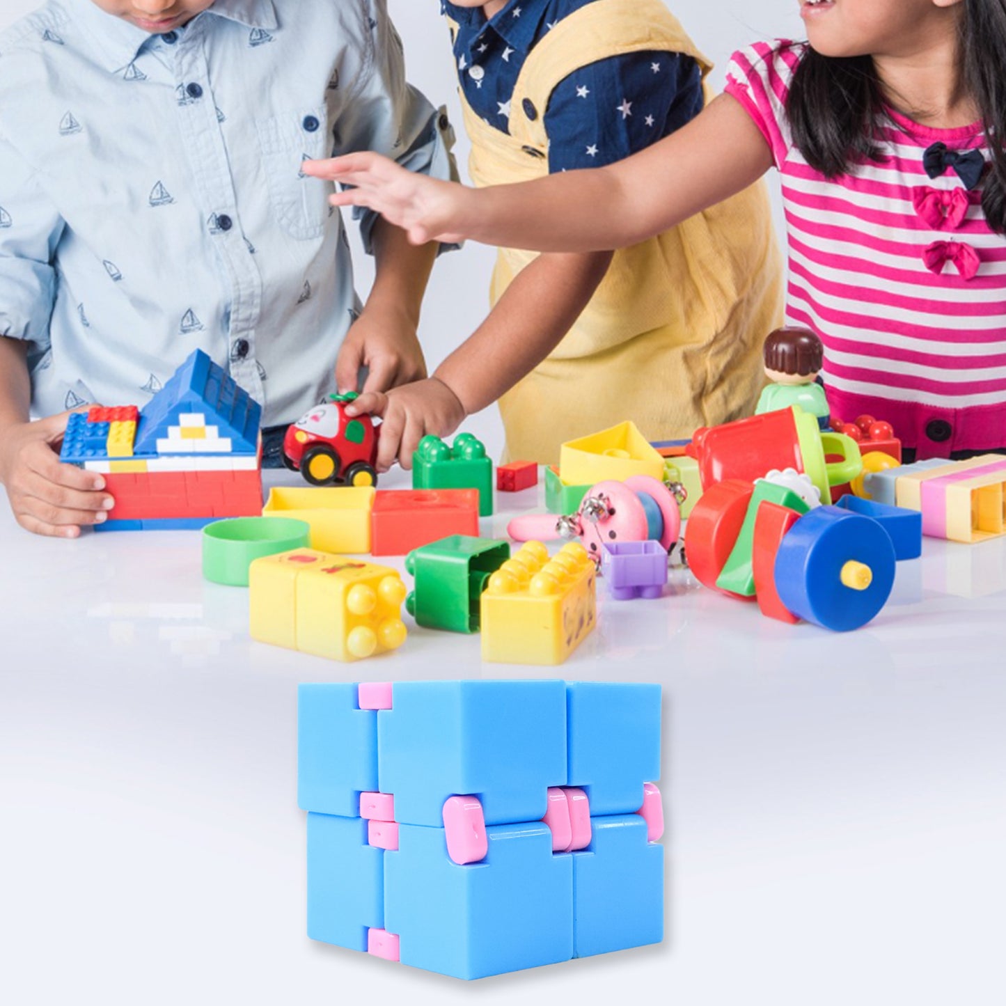 Wukusy infinity cube fidget toy, stress relief hand puzzle, colorful plastic cube for kids and adults in close-up image