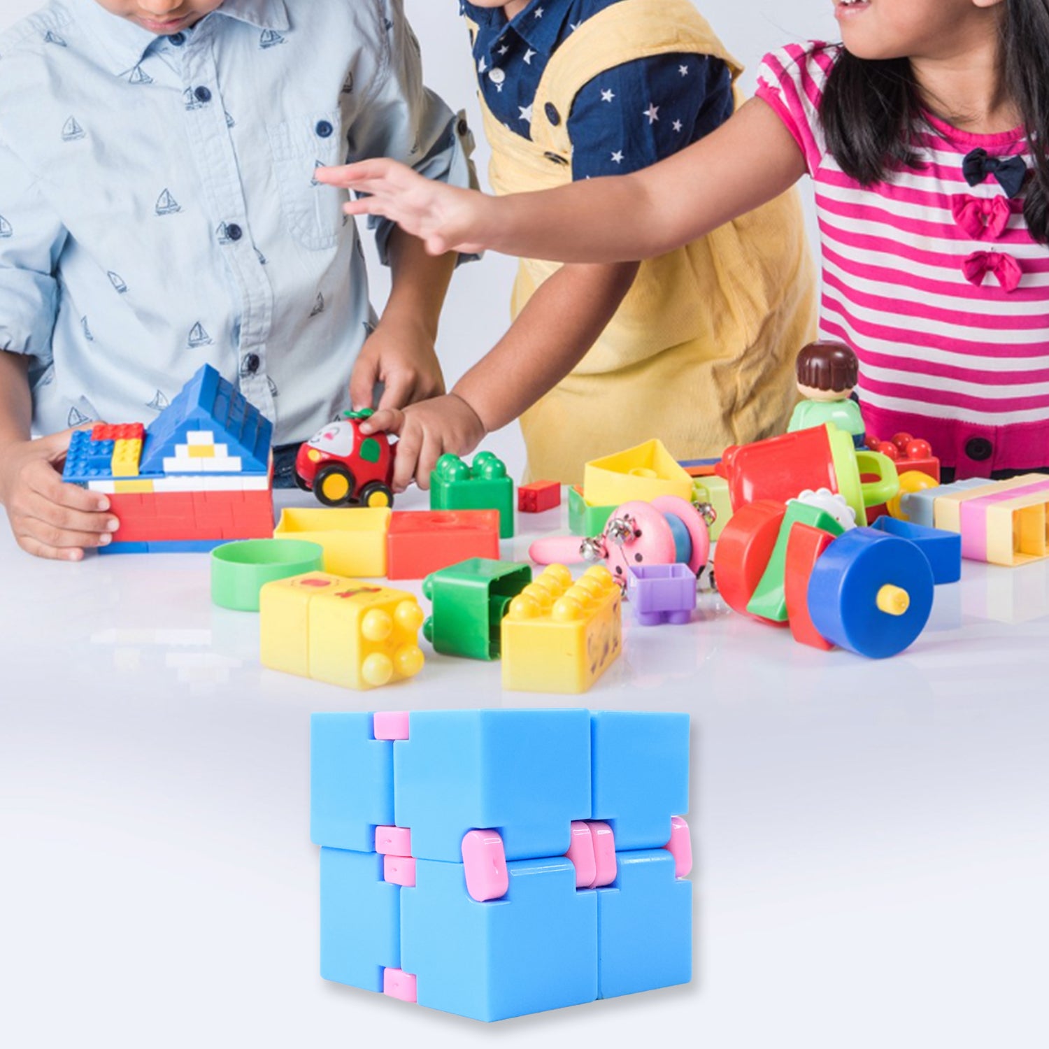 Wukusy infinity cube fidget toy, stress relief hand puzzle, colorful plastic cube for kids and adults in close-up image
