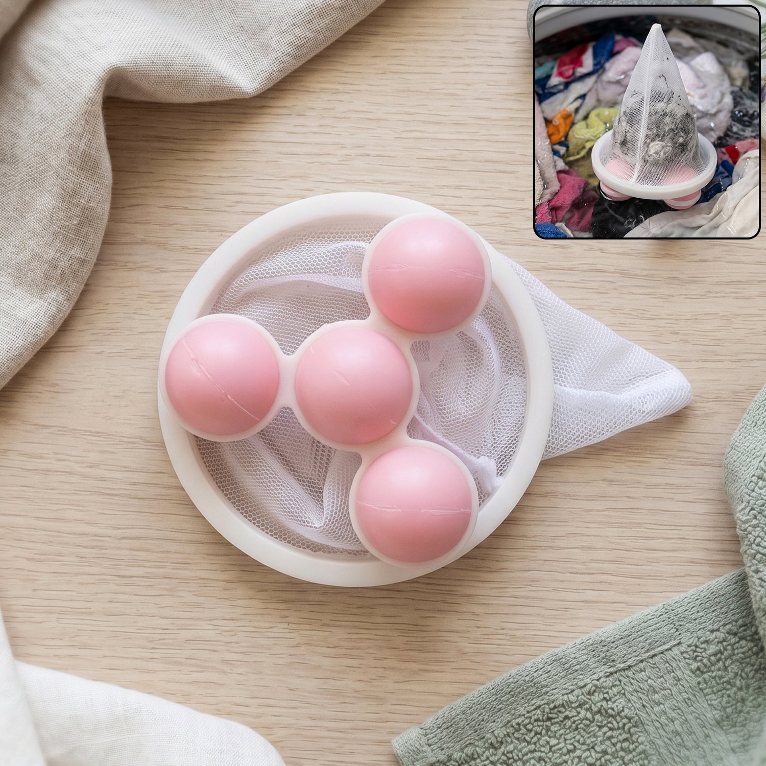 Wukusy washing machine floating hair lint catcher with reusable mesh filter balls for clean laundry and hair removal.
