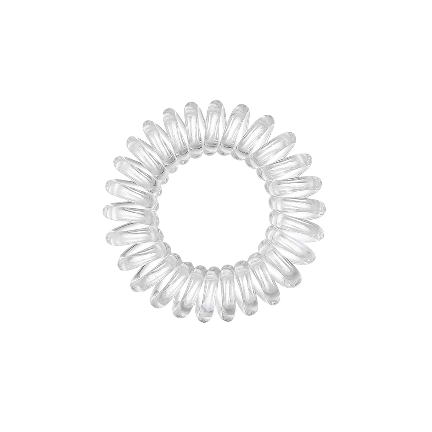 Set of three transparent spiral coil hair bands with case by Wukusy, featuring flexible, clear hair accessories for styling.