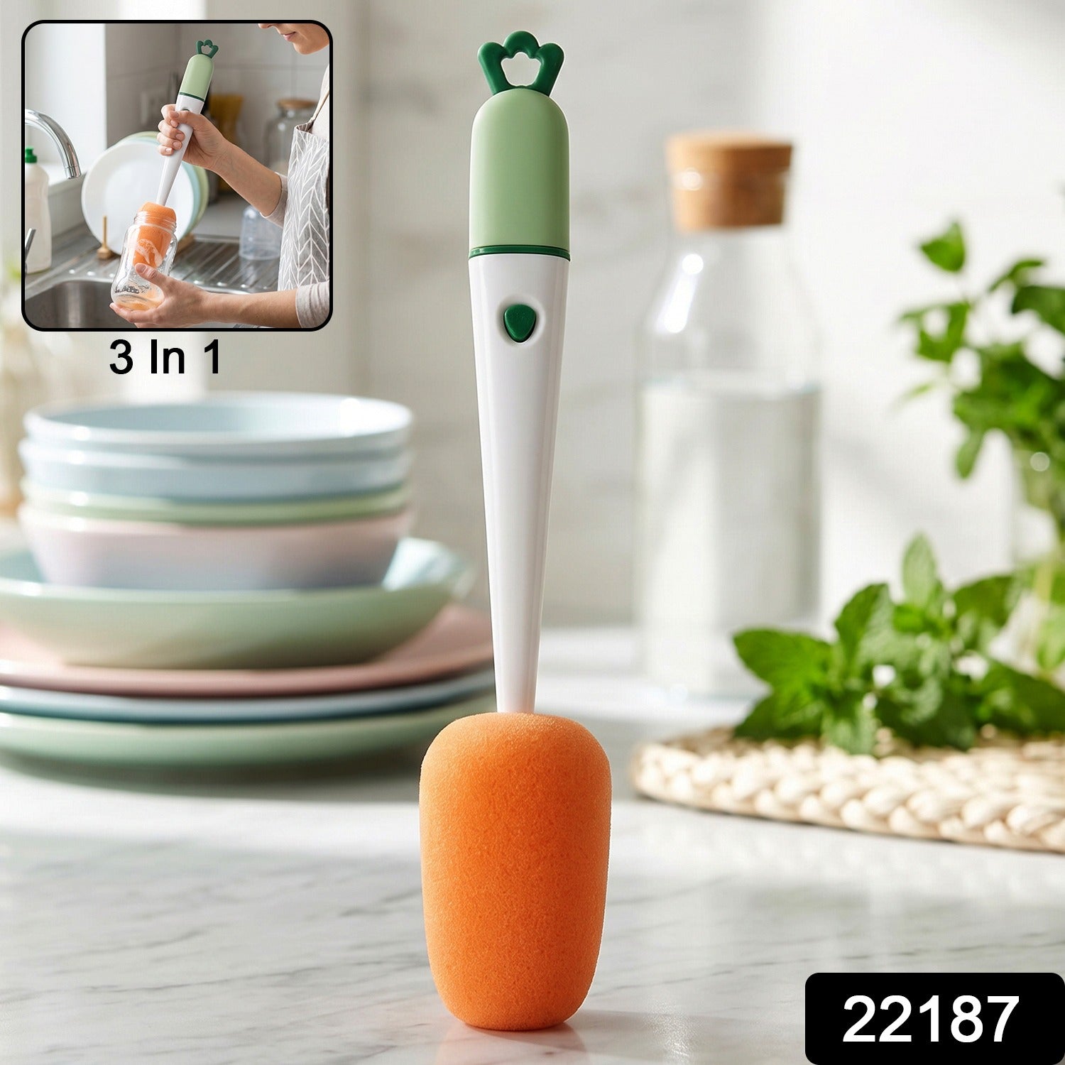 Wukusy 3-in-1 carrot-shaped cleaning brush with sponge for cups and flasks, shown with brush and sponge attachments.