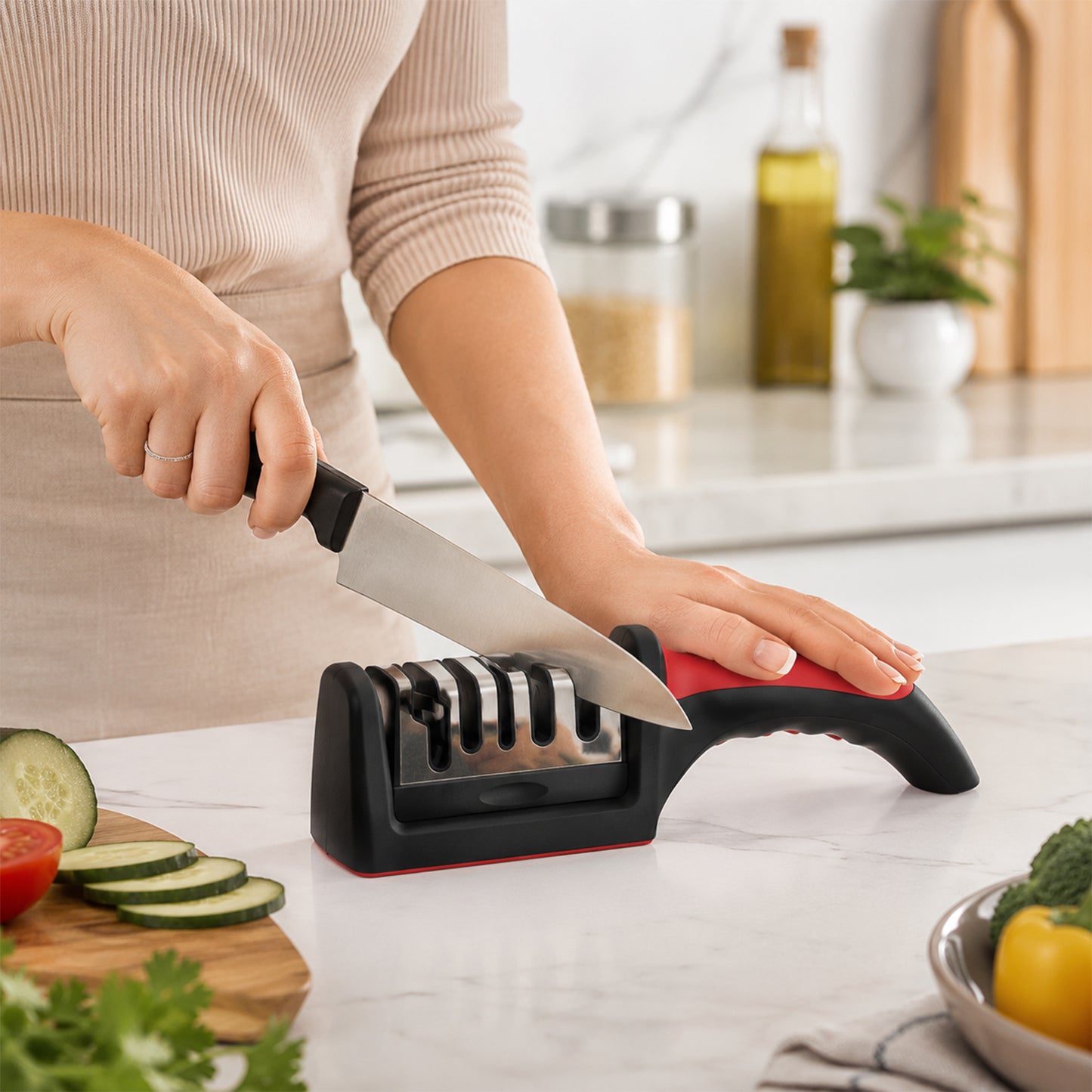 Wukusy 4-stage kitchen knife sharpener with non-slip handle, designed for sharpening and honing various kitchen knives.