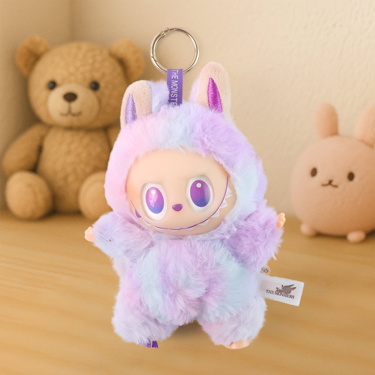 Light purple plush cartoon toy keychain with hook, colorful and soft, designed by Wukusy, perfect for accessories or bags