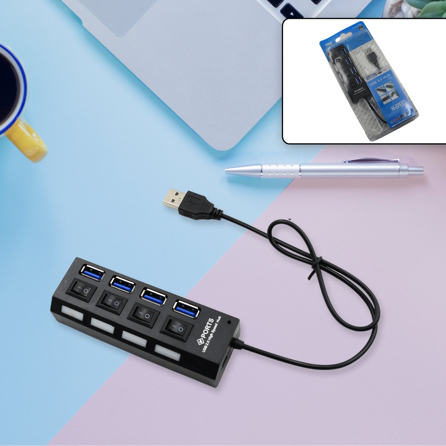 Wukusy 4-port USB 2.0 hub with on/off switch and LED indicators, compatible with tablets, laptops, and computers.