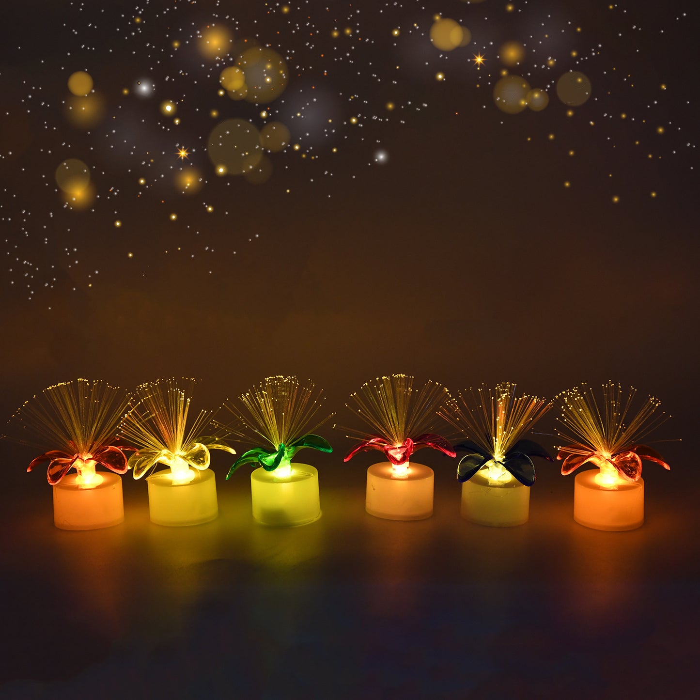 Set of 12 Wukusy fiber optic mini color-changing LED table centerpieces with light-up candles for home decor.