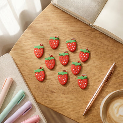 Set of 10 Wukusy strawberry design bag charm keychains with colorful, playful fruit motifs for bags and accessories.
