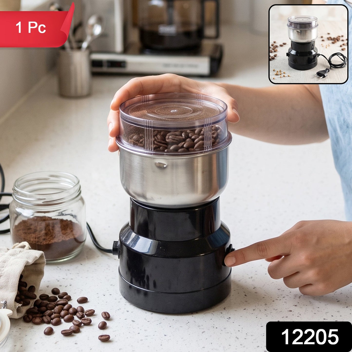 Wukusy electric coffee grinder with stainless steel blades for spice and coffee grinding, compact kitchen appliance.