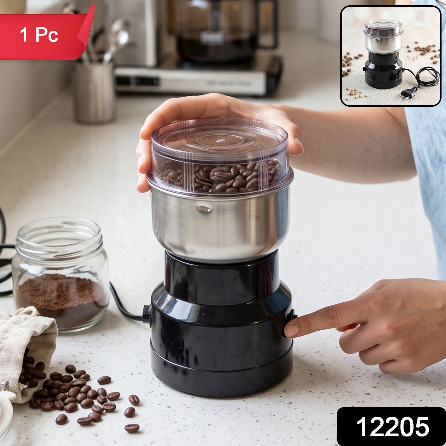 Wukusy electric coffee grinder with stainless steel blades for spice and coffee grinding, compact kitchen appliance.