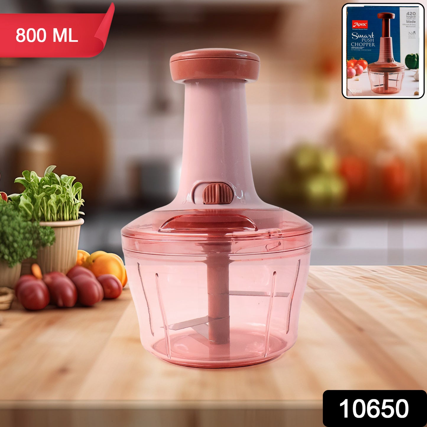 Wukusy Apex Smart Manual Vegetable and Fruit Chopper with 800ml capacity, featuring stainless steel blades and ergonomic handle.