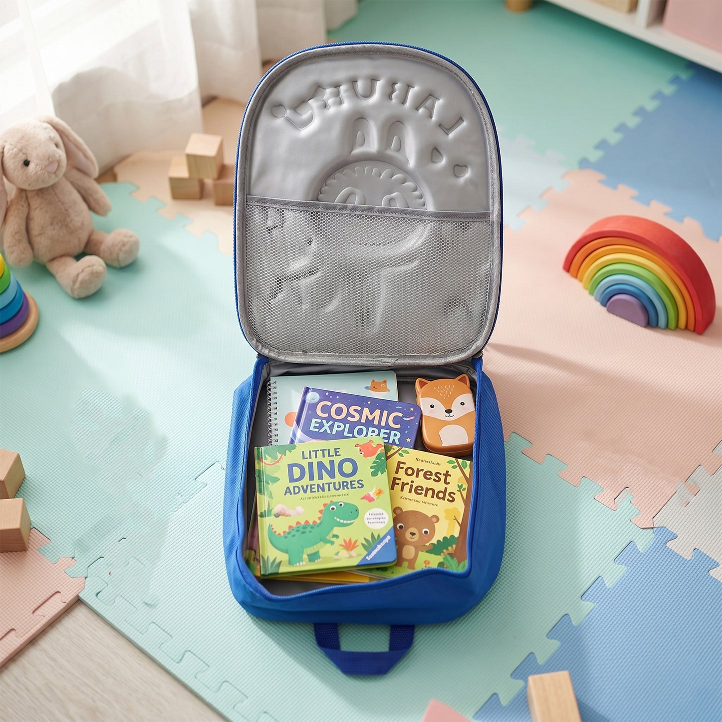 Colorful cartoon printed kids school backpack by Wukusy, 12-inch size with adjustable straps and fun character designs.