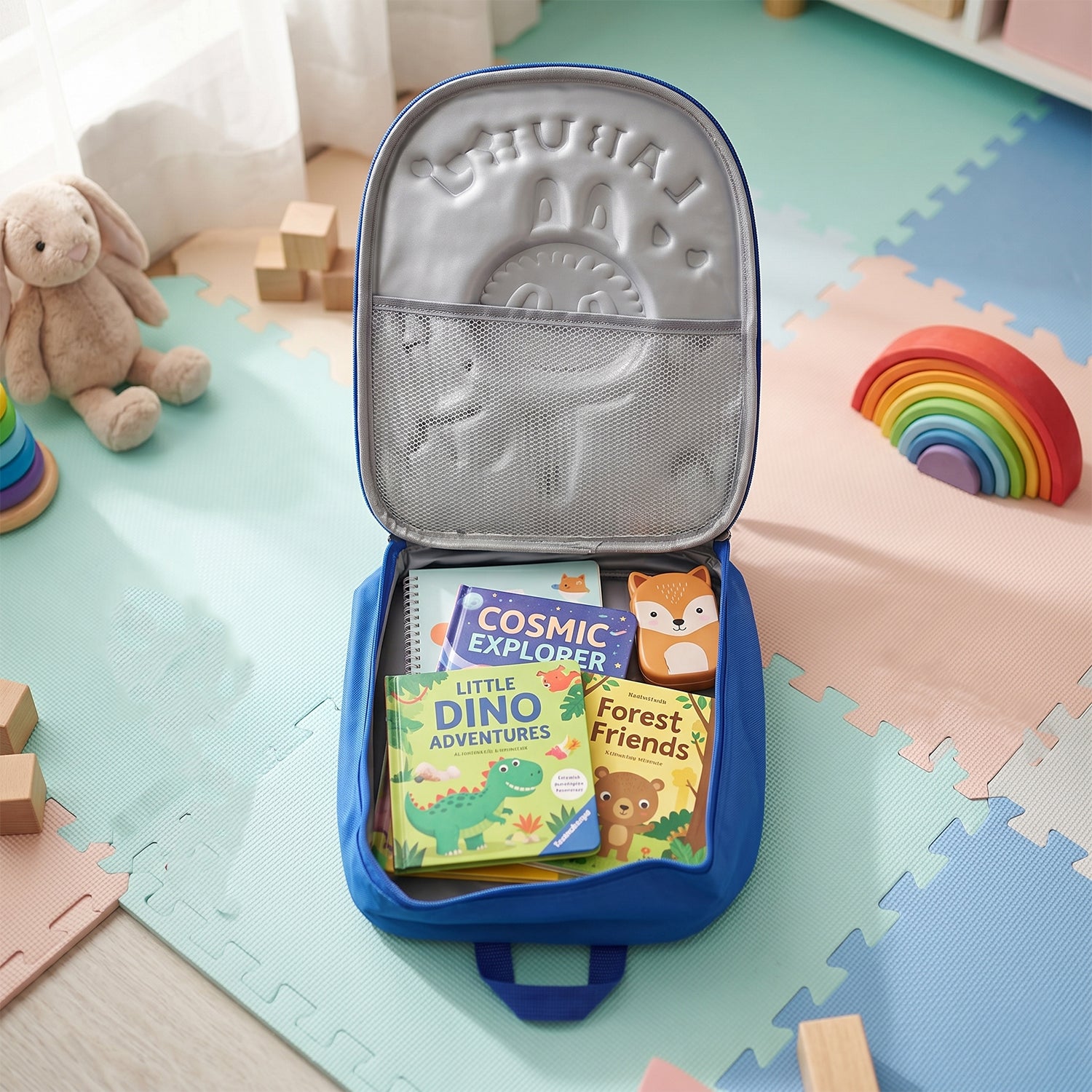 Colorful cartoon printed kids school backpack by Wukusy, 12-inch size with adjustable straps and fun character designs.