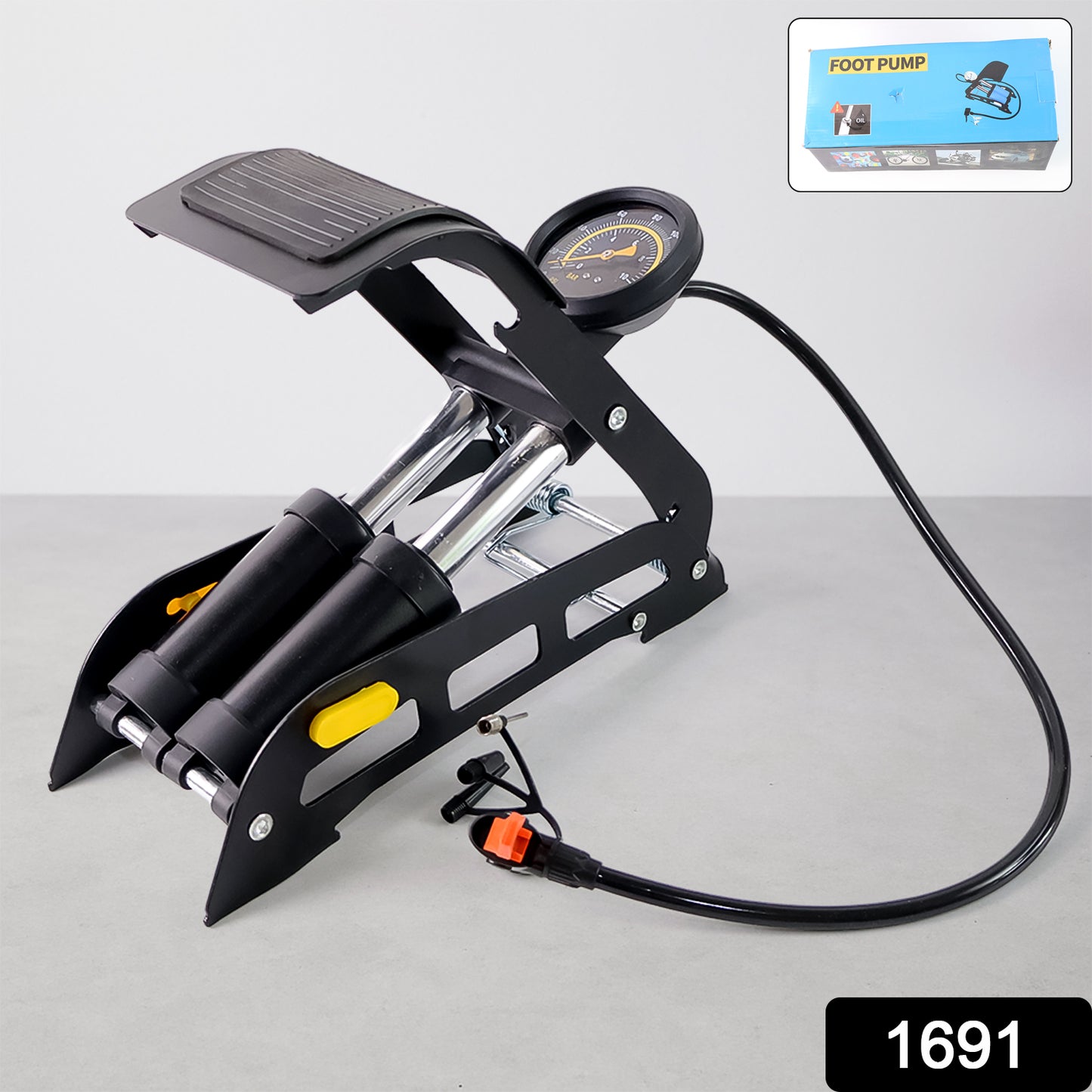 Wukusy portable high pressure foot air pump compressor for car and bike tires, compact automotive inflator with foot pedal control.