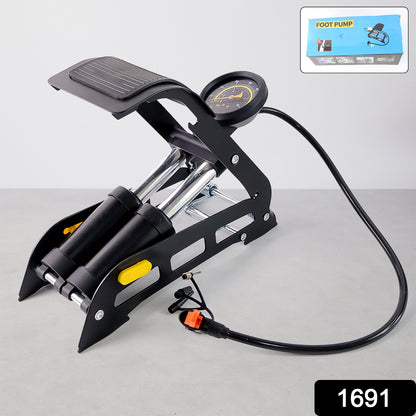 Wukusy portable high pressure foot air pump compressor for car and bike tires, compact automotive inflator with foot pedal control.