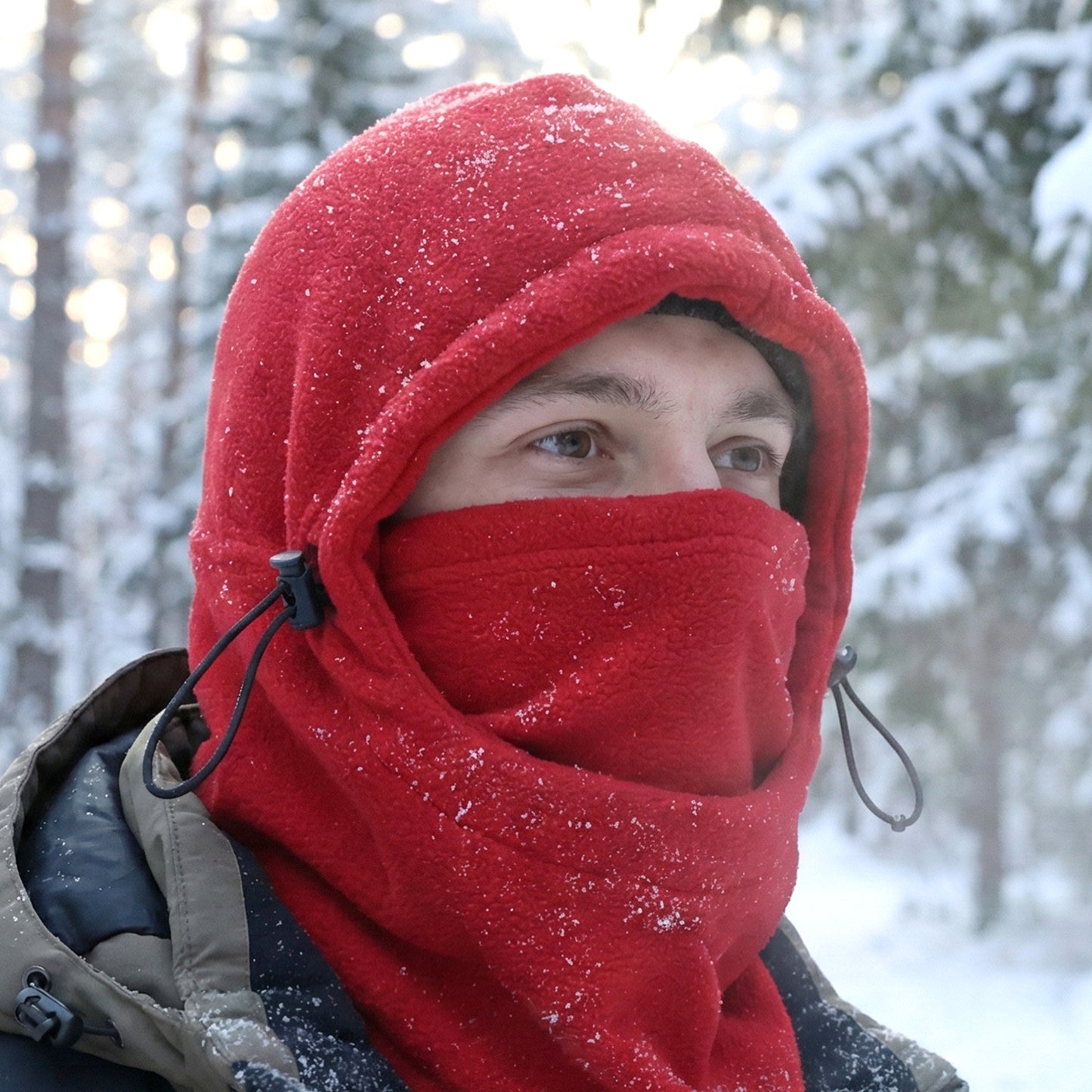 Wukusy winter fleece face cover and cap in black, designed to keep you warm during cold weather, close-up view of the product.