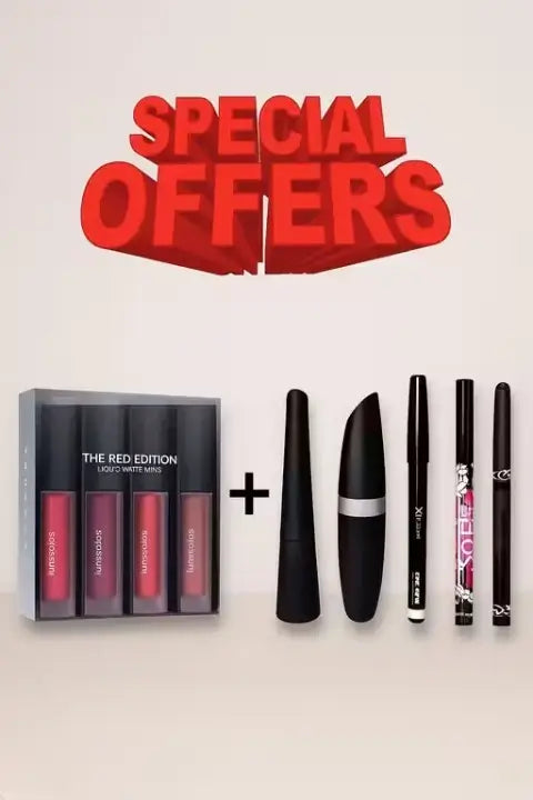 Ekom 4-in-1 red matte lipstick and waterproof eye makeup set with six packs, featuring vibrant lipstick and eye makeup products.
