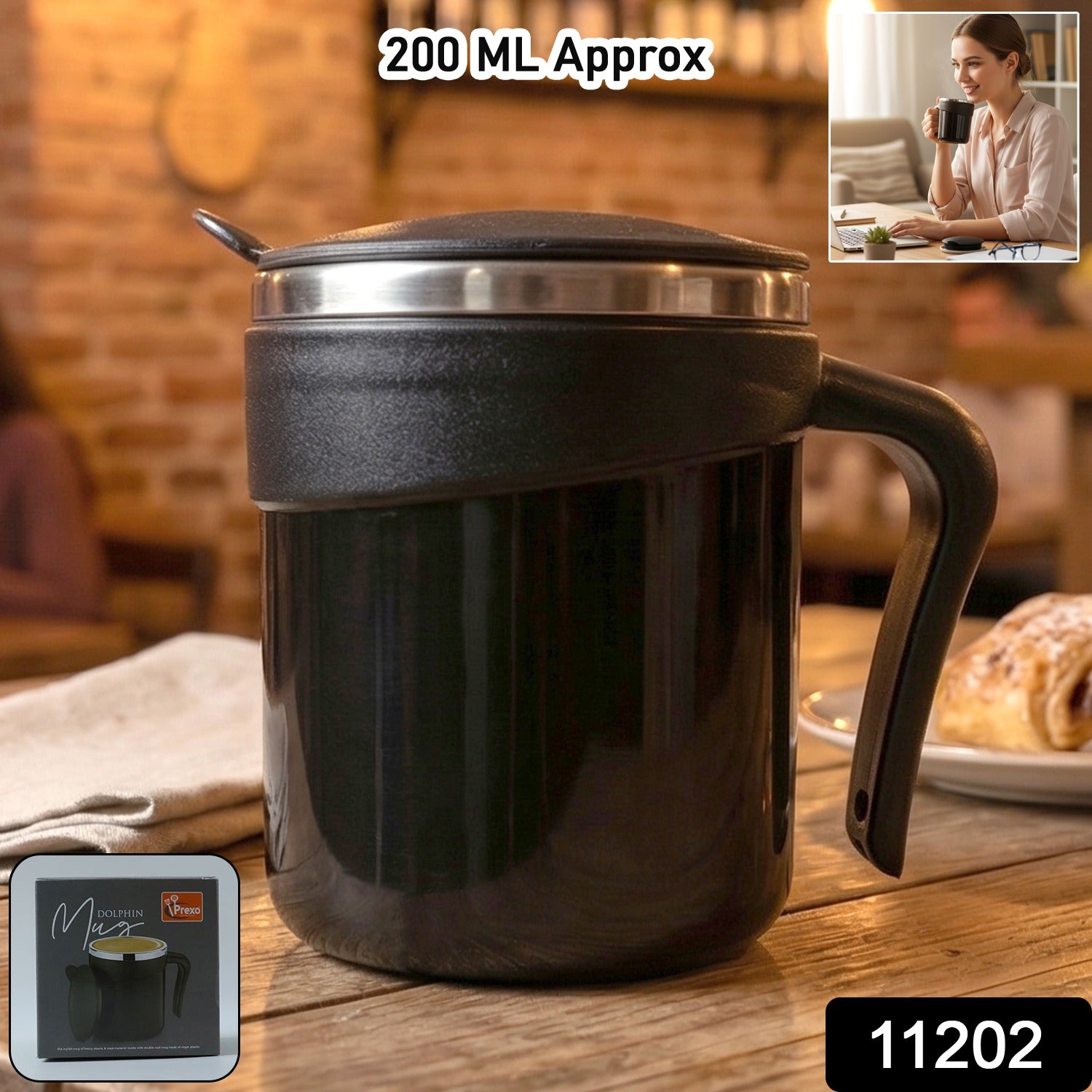 Wukusy Prexo modern insulated dolphin mug with lid, 200 ml capacity, featuring a sleek dolphin design and secure lid.