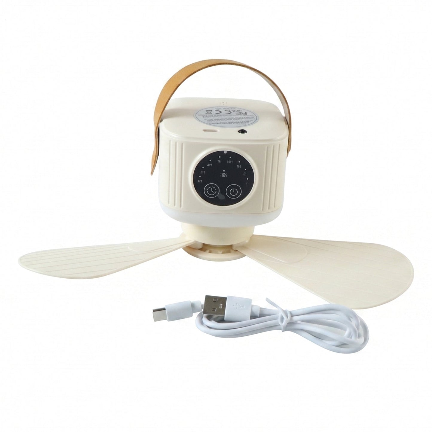 Wukusy 3-in-1 rechargeable camping fan with LED light, timer, and hanging hook, shown with adjustable fan blades and compact design.