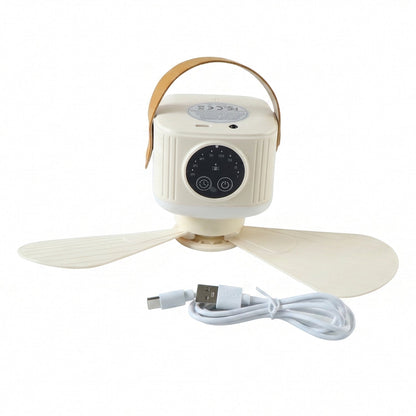 Wukusy 3-in-1 rechargeable camping fan with LED light, timer, and hanging hook, shown with adjustable fan blades and compact design.