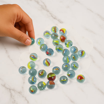 Set of 35 colorful glass marbles for kids, ideal for home decor and craft projects, by Wukusy.