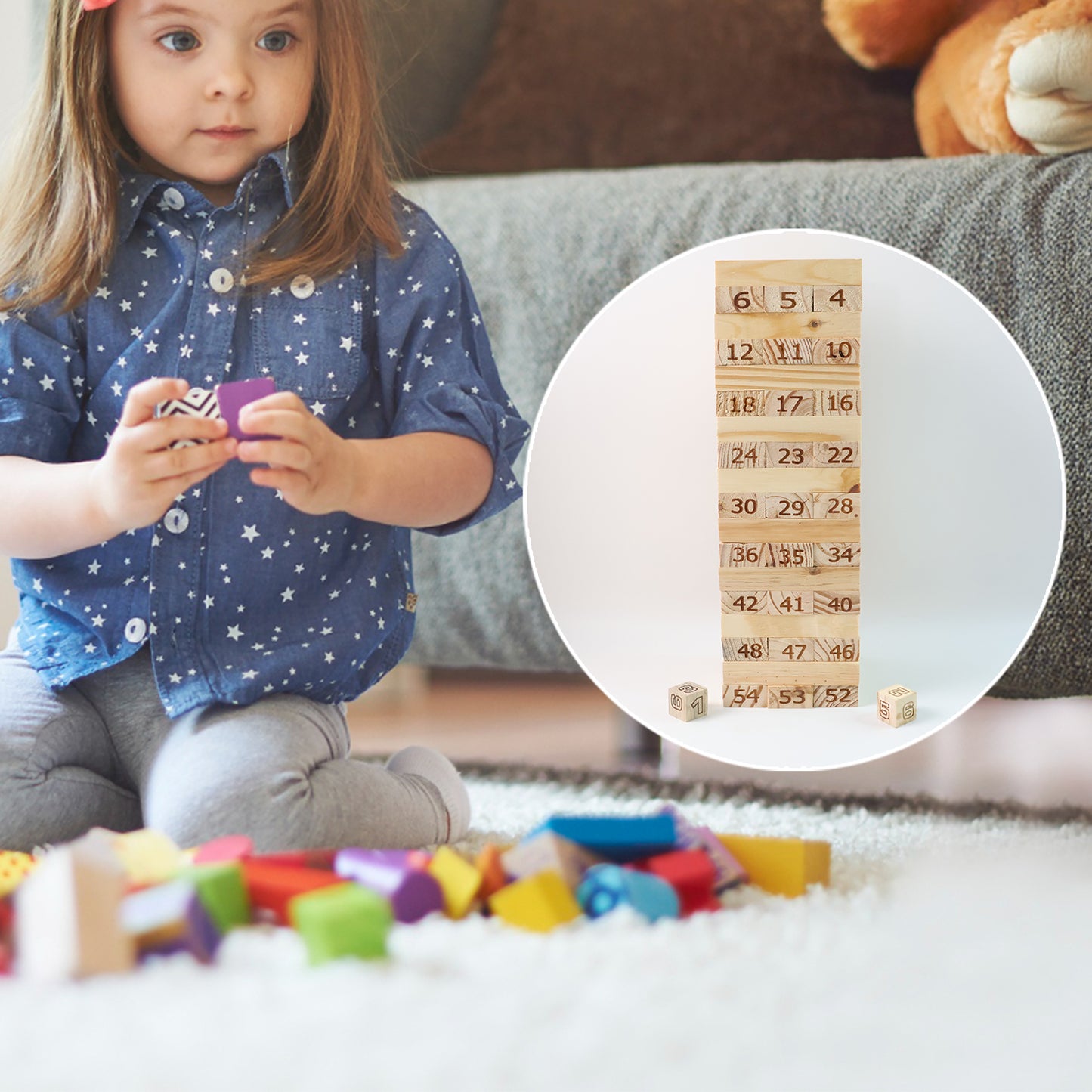 Numbered wooden tumbling tower game set by Wukusy, with colorful numbered blocks stacked in a game layout.