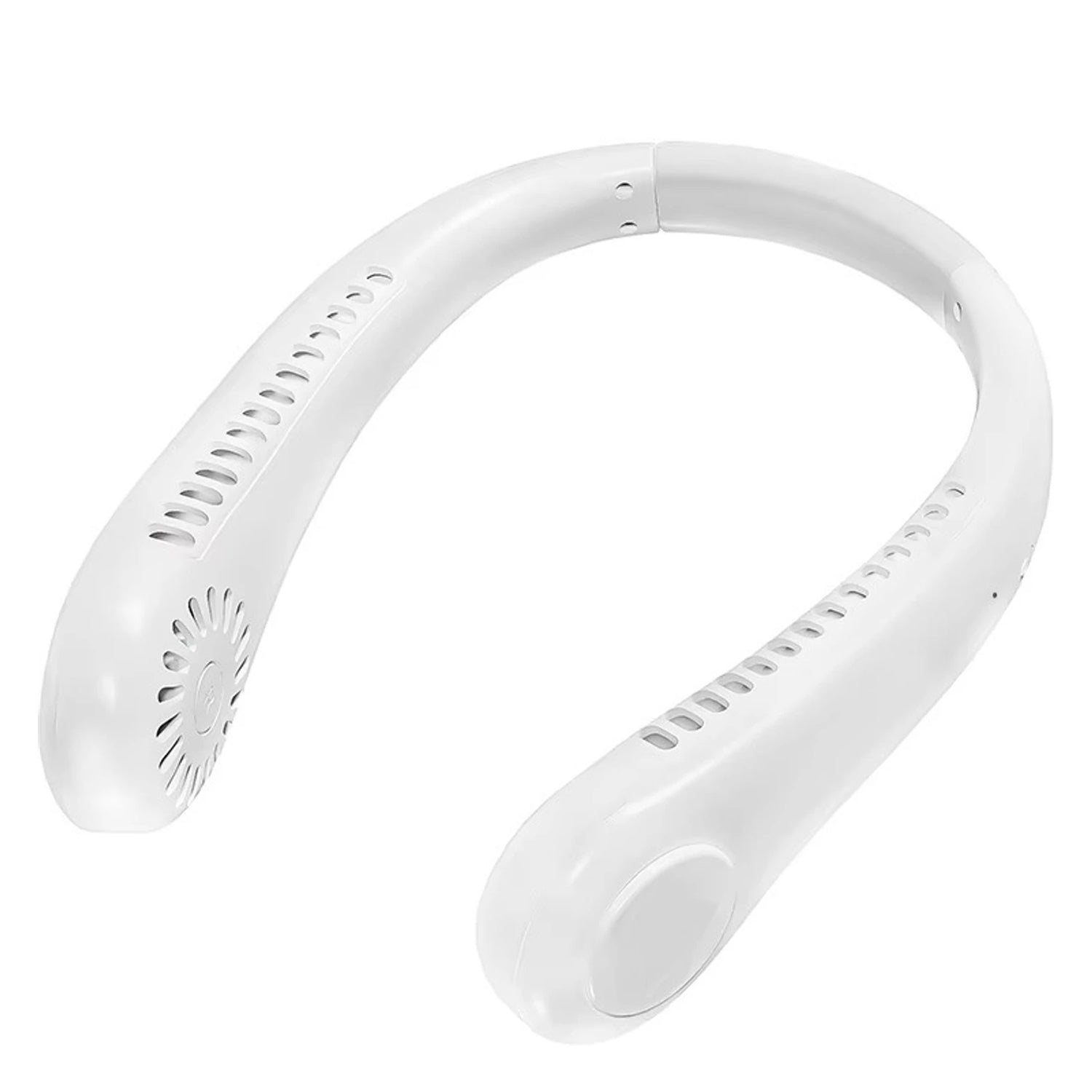 Wukusy portable rechargeable white neck fan with adjustable blades, lightweight and designed for hands-free cooling.