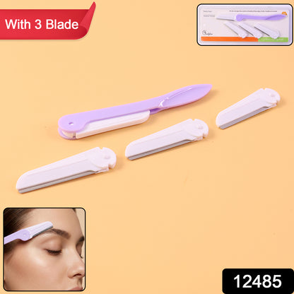 Wukusy eyebrow facial hair razor with three replaceable blades, shown with a close-up of the razor and blades.