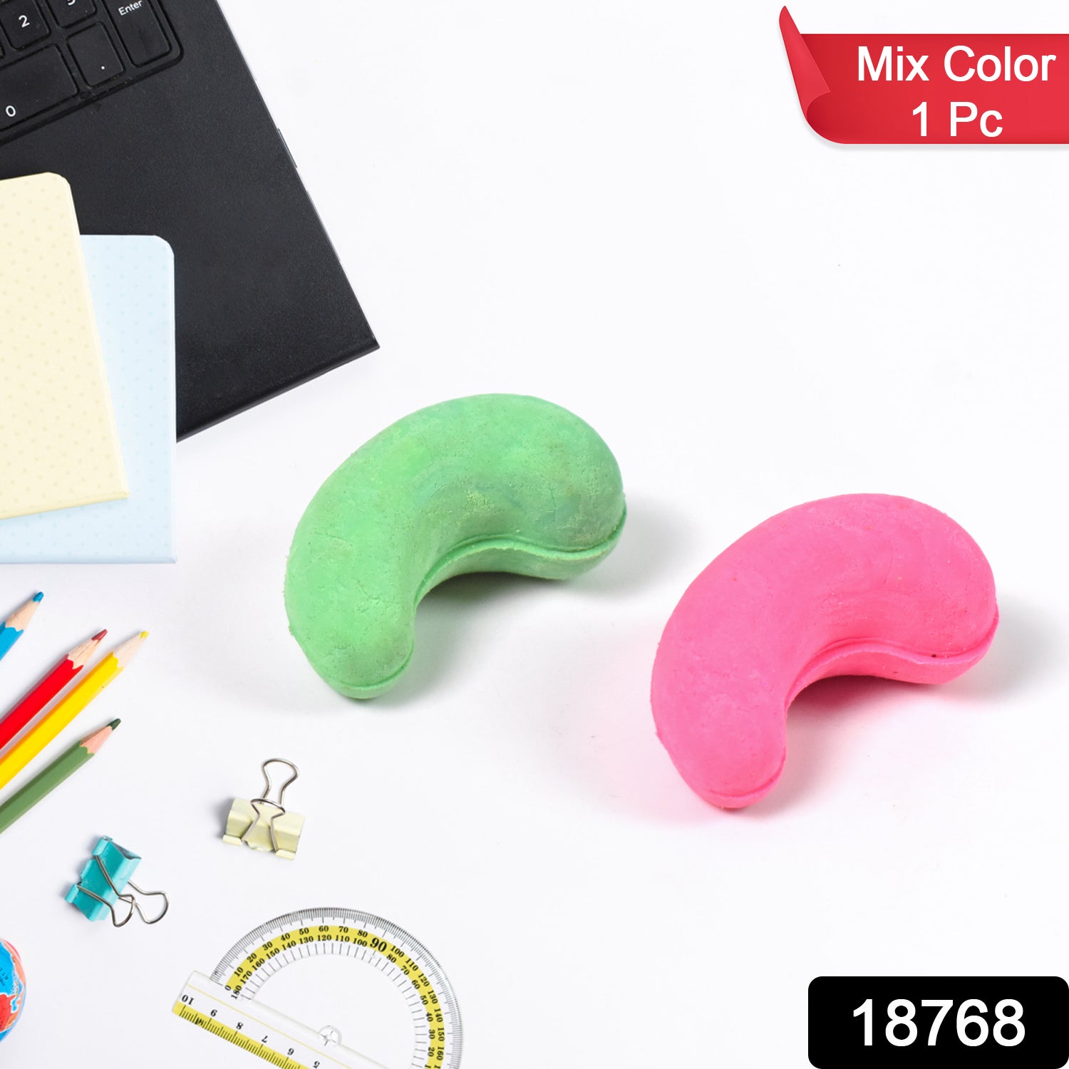 Wukusy cashew nut-shaped rubber eraser in mixed colors, designed for office use, with a realistic cashew nut appearance.