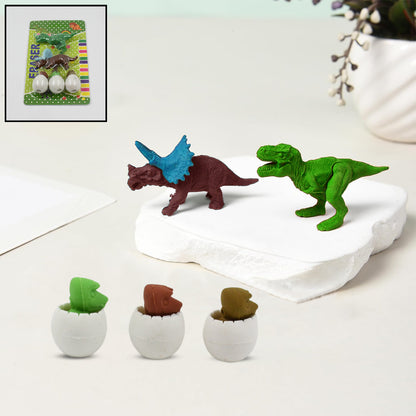 Set of five Wukusy dinosaur-shaped erasers featuring egg and 3D puzzle designs, perfect as desk toys or classroom rewards.