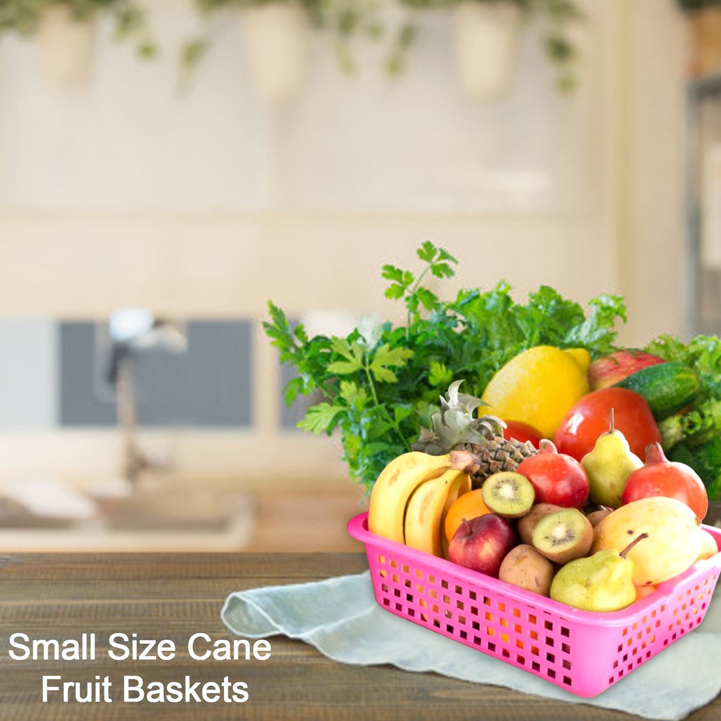 Wukusy plastic small size cane fruit basket for kitchen storage, featuring a woven design and compact shape for holding fresh fruits.