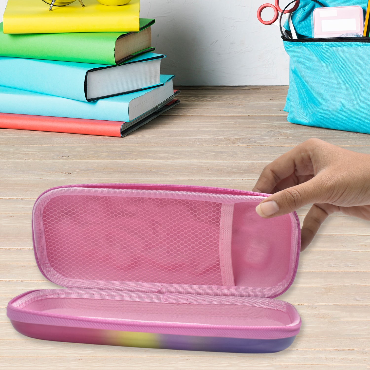Wukusy 3D cartoon zipper compass box pencil case for office use, featuring colorful zipper design and compact storage space