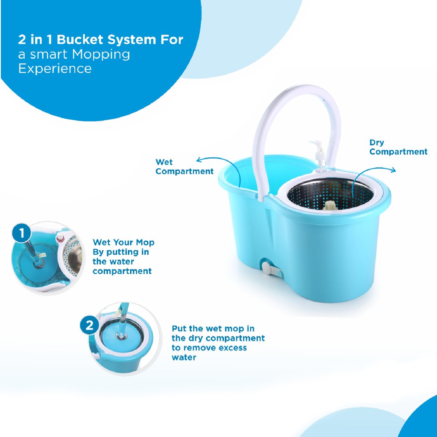Wukusy 8702 plastic spinner bucket mop with 360-degree self-spin wringing, includes two absorbers for home and office floor cleaning.