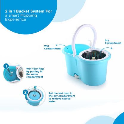 Wukusy 8702 plastic spinner bucket mop with 360-degree self-spin wringing, includes two absorbers for home and office floor cleaning.
