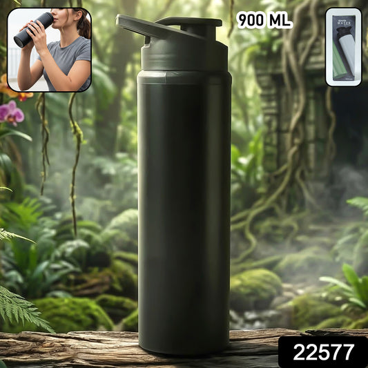 Wukusy premium stainless steel sports water bottle with flip top lid, 900 ml capacity, shown with a sleek, durable design.
