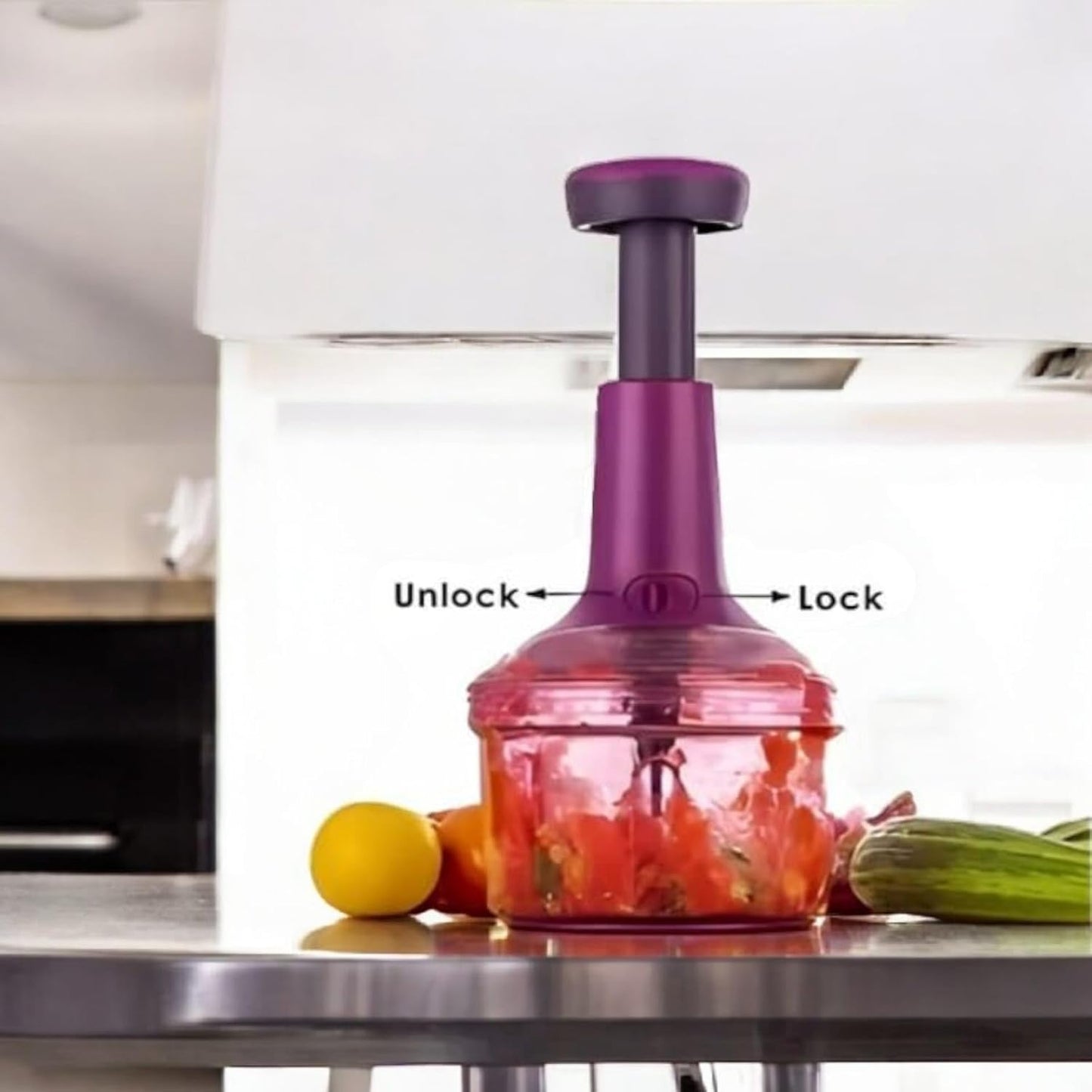 Wukusy Premium Push Chopper with 1100ml capacity, featuring a clear container and hand-push mechanism for easy vegetable chopping.
