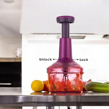 Wukusy Premium Push Chopper with 1100ml capacity, featuring a clear container and hand-push mechanism for easy vegetable chopping.