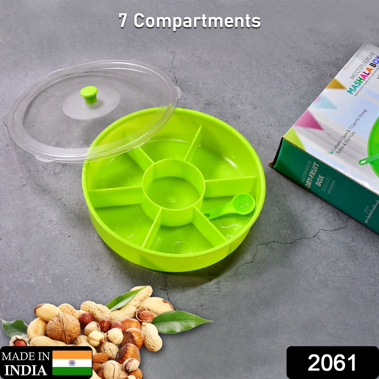 Wukusy 2061 multipurpose dry-fruit and masala box with a single spoon, kitchen storage container for spices and dry fruits.