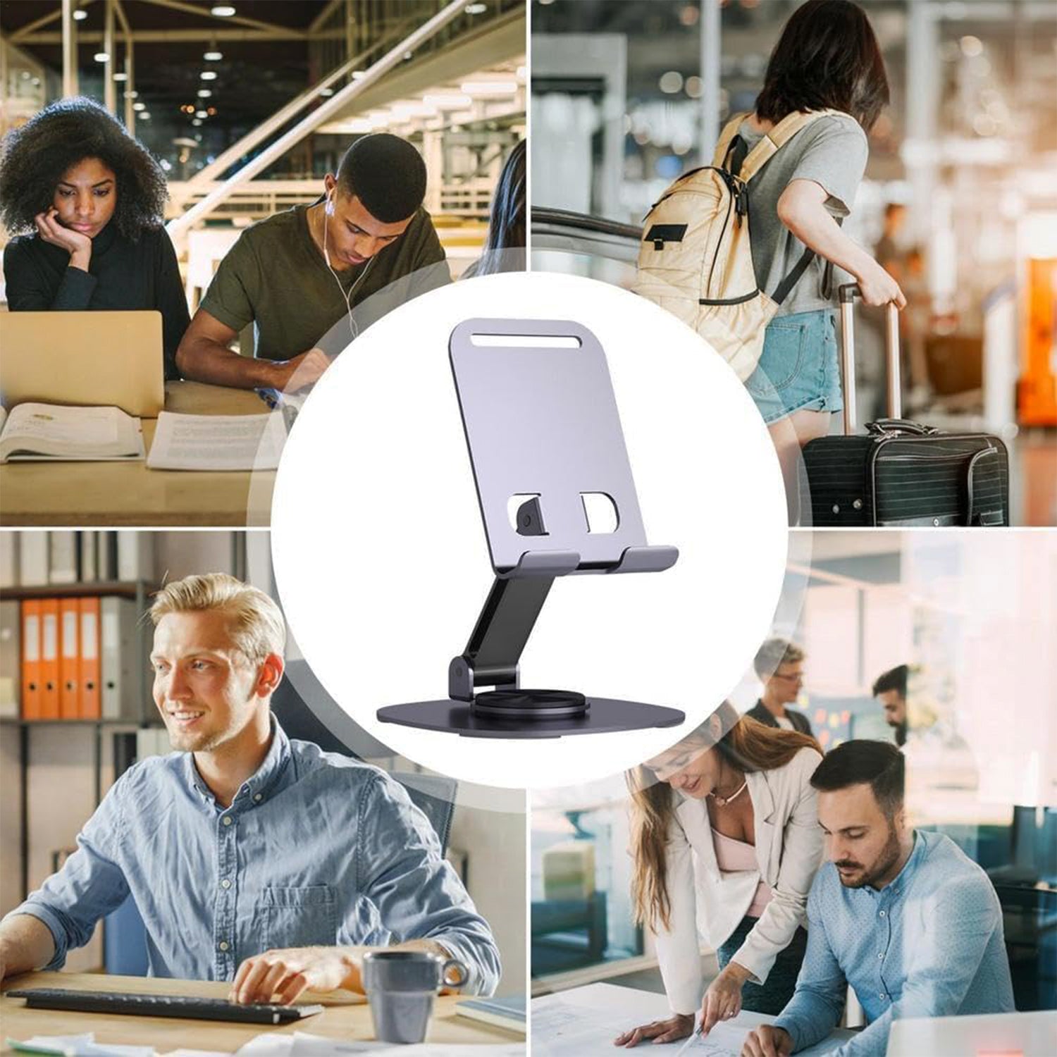 Foldable Wukusy mobile stand with 360-degree rotation, adjustable for hands-free viewing of smartphones.