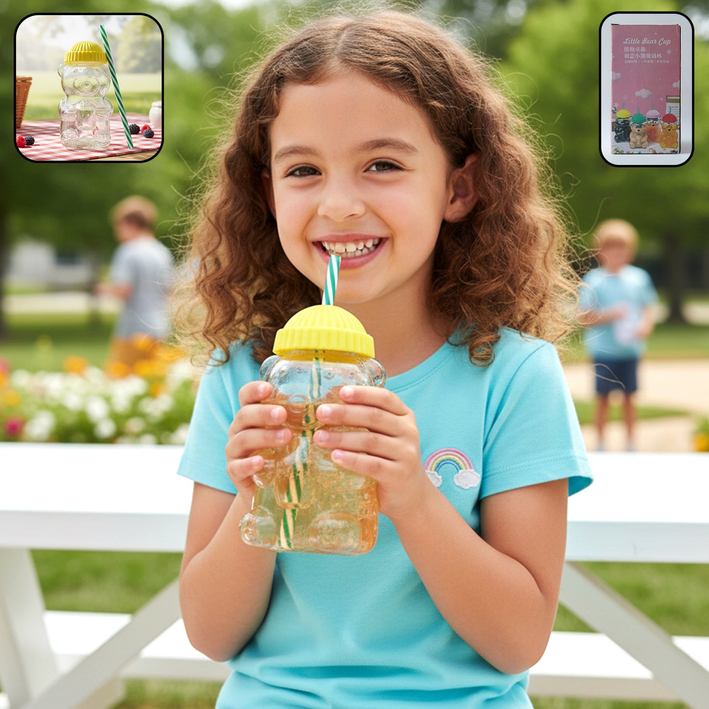 Cute glass bear-shaped kids drinking cup with straw, 350ml, by Wukusy, featuring a playful bear design and a practical straw.