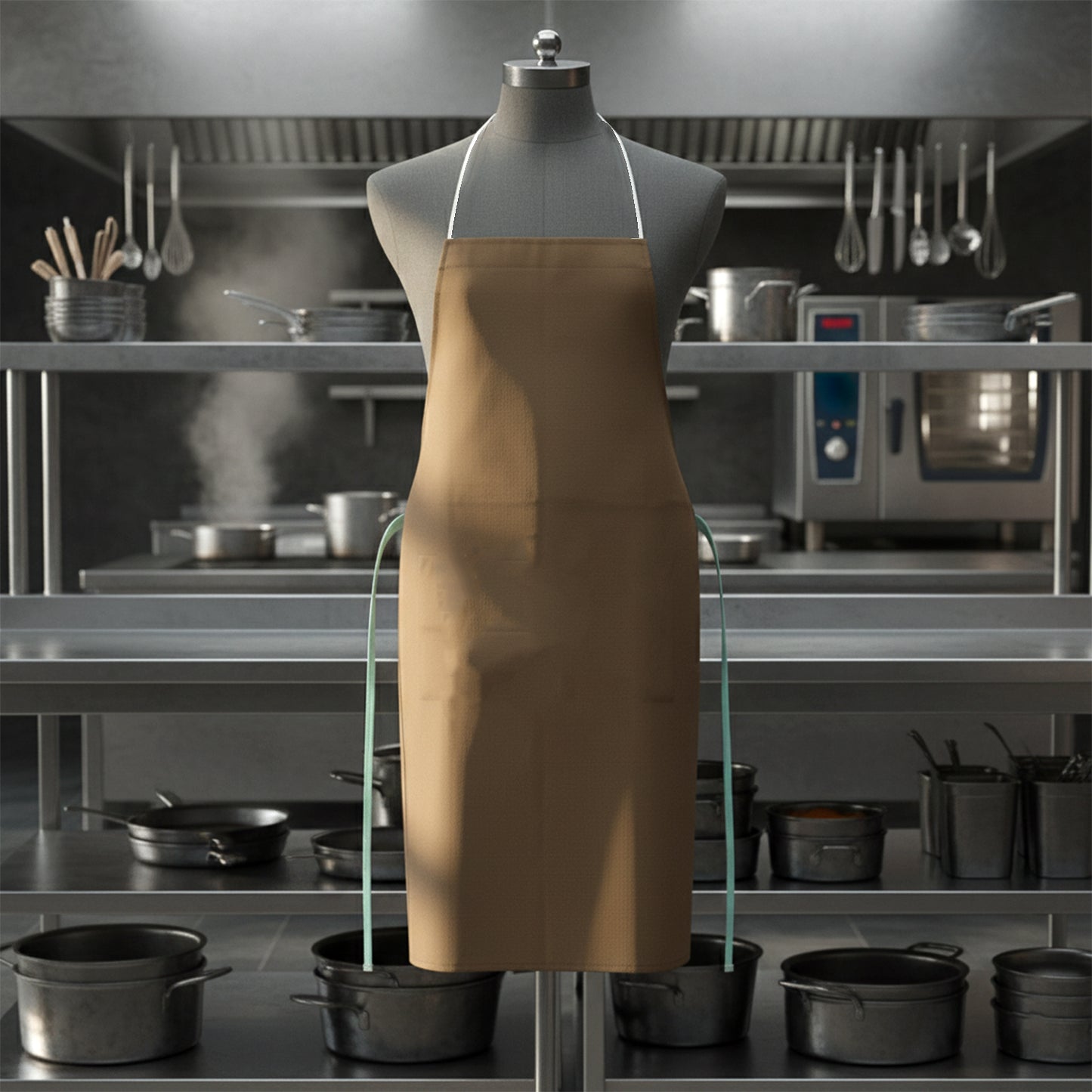 Full-cover Wukusy premium chef apron, durable fabric with adjustable neck strap and waist ties, designed for cooking and professional kitchens.