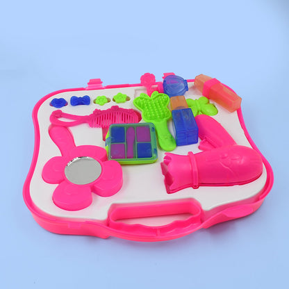 Wukusy Briefcase Beauty Toy Set with approximately 22 pieces, including toy makeup, brushes, and accessories for pretend play.