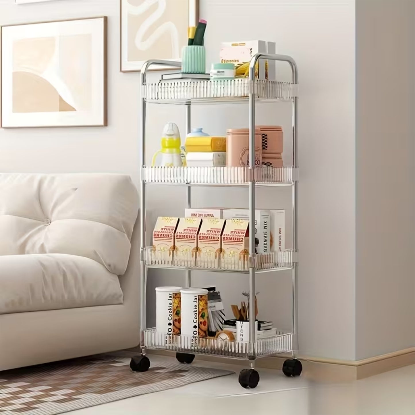 Wukusy 4-layer multipurpose storage trolley with wheels, featuring sturdy shelves and easy mobility for home or office use.