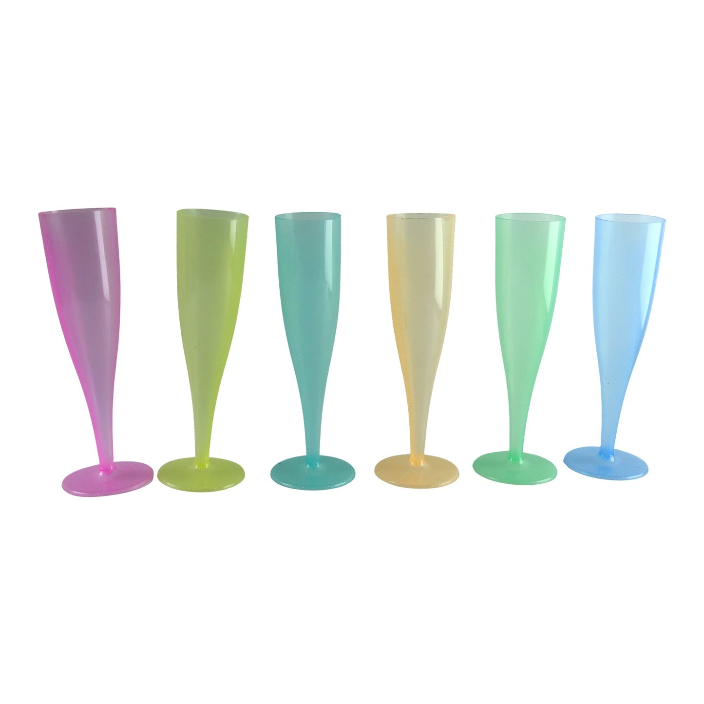 Set of six reusable plastic champagne flutes in assorted colors by Wukusy, showcasing clear and vibrant drinkware.