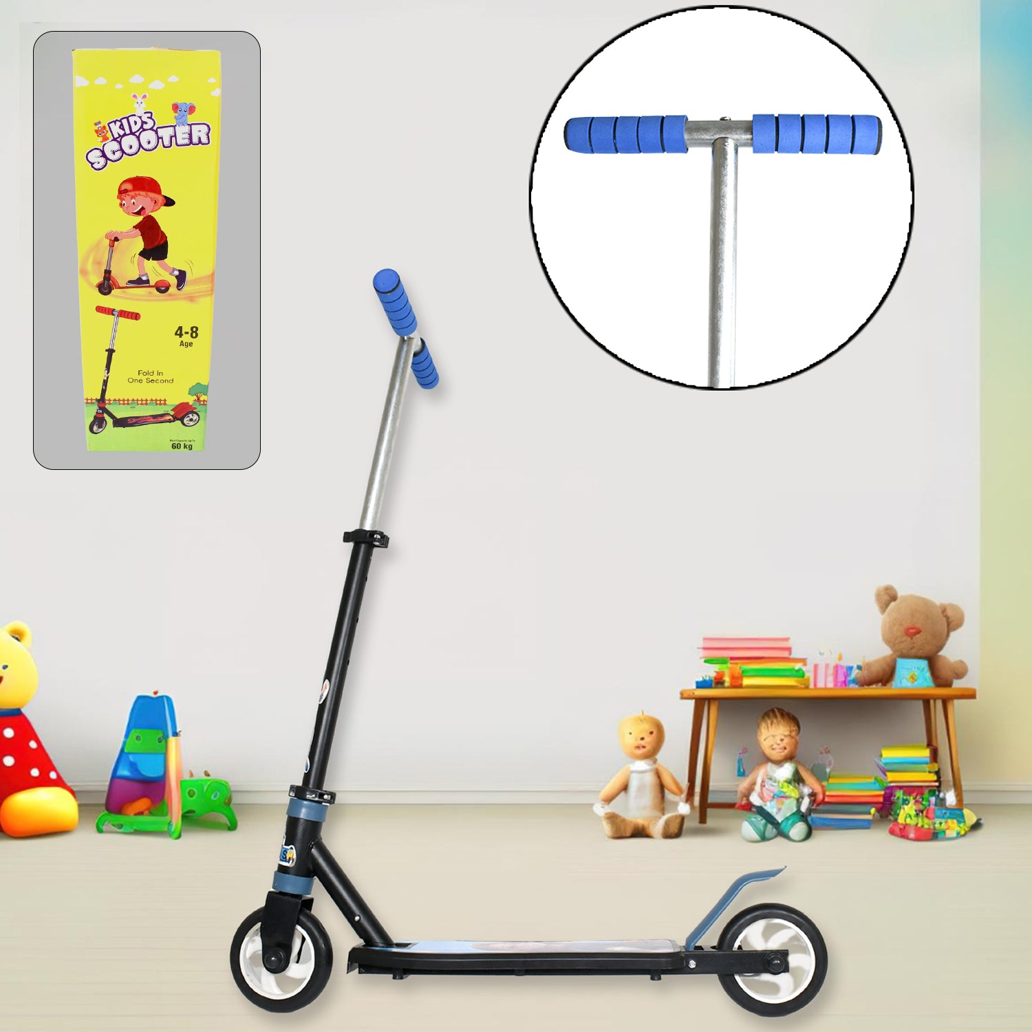 Colorful Wukusy kids ride-on leg push scooter with two wheels, adjustable height, foldable design for boys and girls aged 4-8.