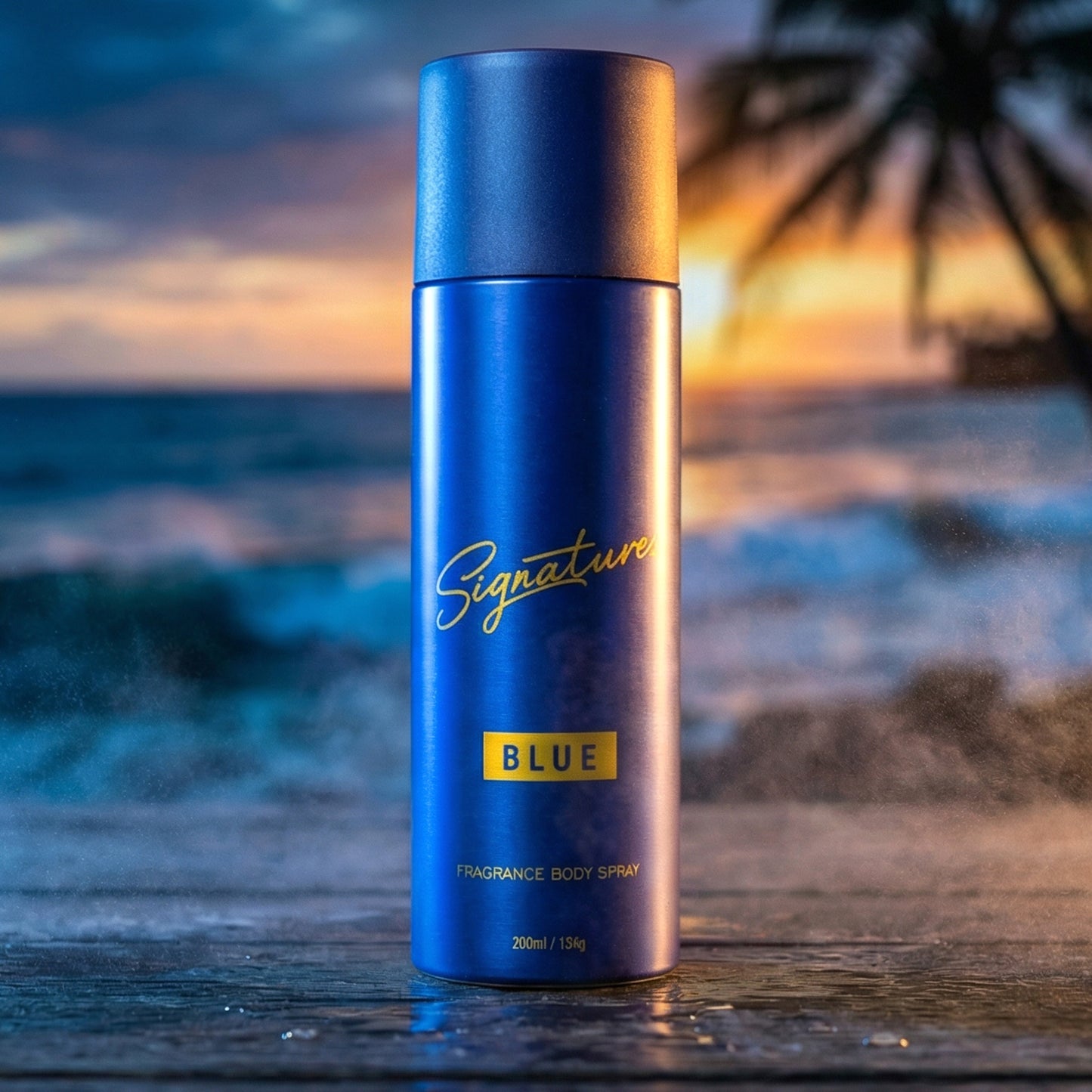 Wukusy Signature Premium Blue Fragrance Body Spray 200ml bottle with sleek blue design and spray nozzle visible.